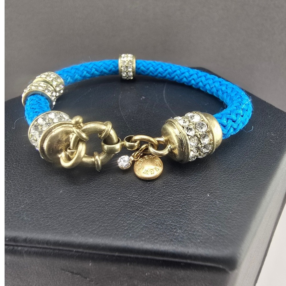 J.Crew Bracelet Blue Braided Cord Rhinestone Pave Gold Tone 6.5